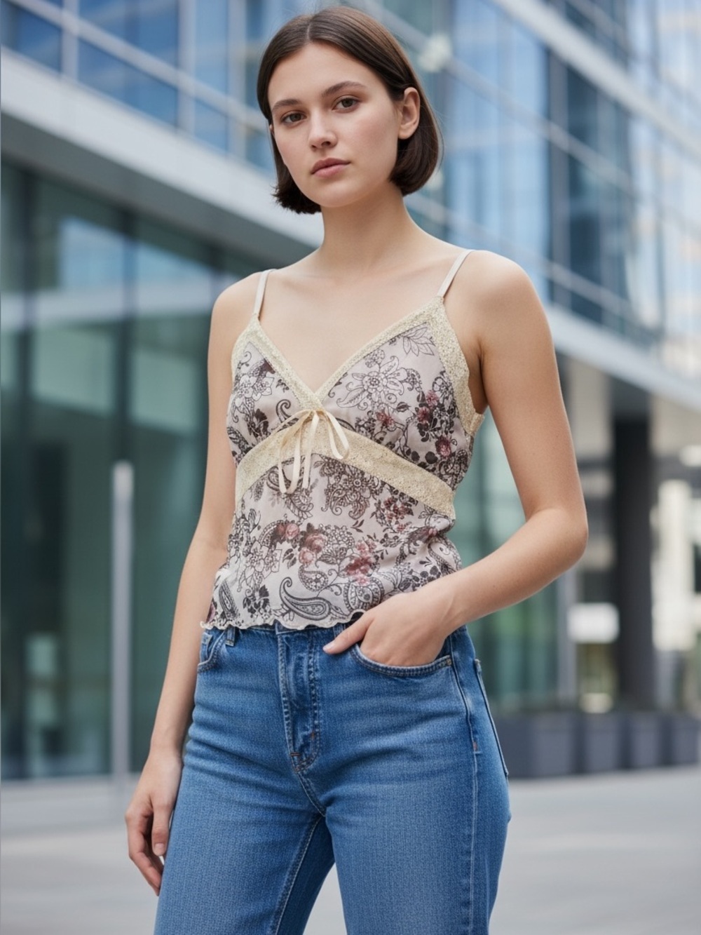 ROMWE Cream Floral Lace Trim Cami Tank